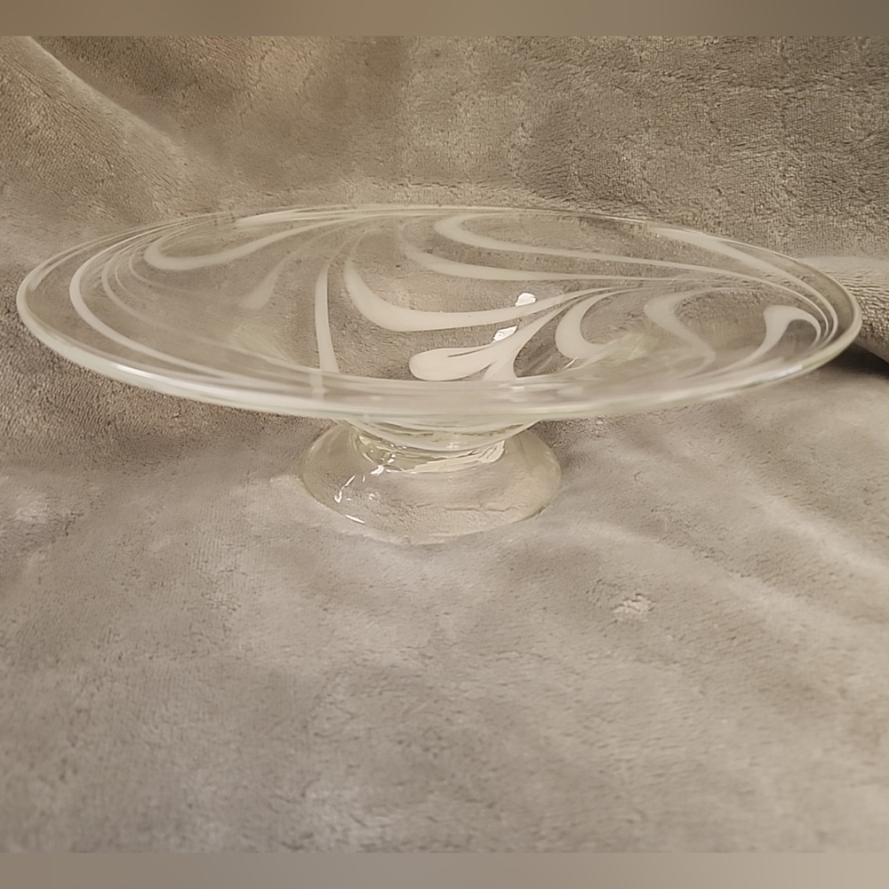 Vintage Art Glass 11" Centerpiece Footed Pedestal Bowl Platter Blown White Swirl